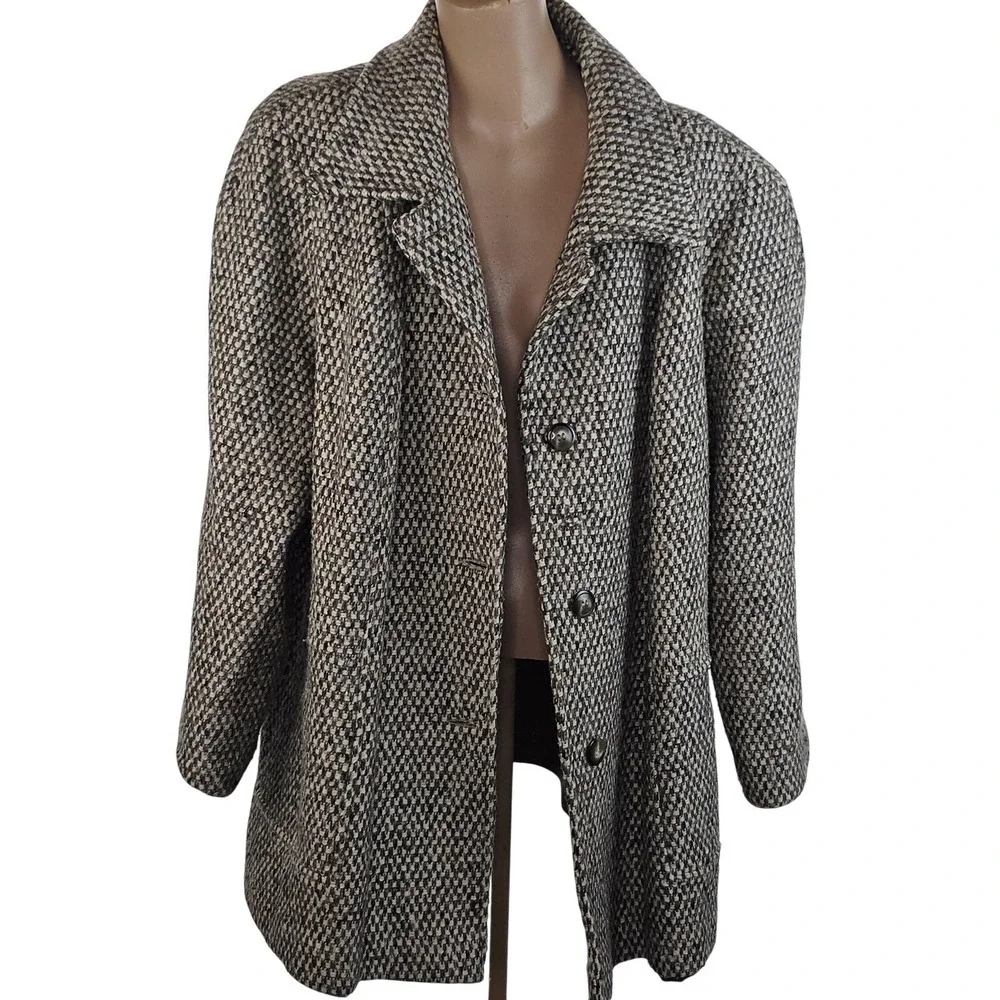Vintage Roaman's Coat Womens 26‎ Gray Wool Check Tweed Length Overcoat Plus Size